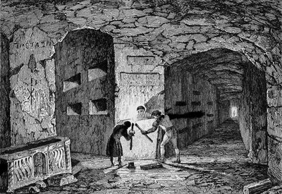 Róma katakombái. Metszet 19. század. alkotó: Unknown artist