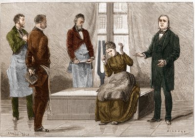 Hang hatására keletkező katalepszia (Diapason). Jean Martin Charcot francia neurológus (1825-1893) (jobbra) hipnózist mutat be egy betegen a Salpetriere kórházban. Az illusztráció az 1879-es „” Természet”-ből származik alkotó: Unknown artist