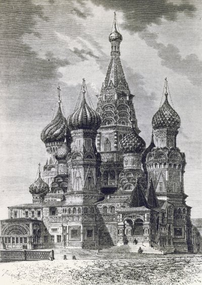 A Legszentebb Theotokos Védőszékesegyház a várárkon vagy a Szent Bazil-székesegyház a Vörös téren, Moszkva, Oroszország, metszet a Szabad Oroszországból alkotó: Unknown artist
