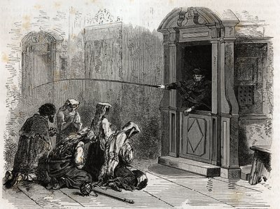 Katolikus gyakorlók imádkoznak, közönséges bűnbánatot kapnak, ostorokat kap a pap a fülkéből. Ludovic Celler 1863-as római nagyhét történetét illusztráló metszet a „Le tour du monde, nouveau Journal des voyages” publikációban alkotó: Unknown artist