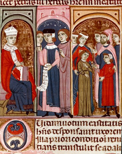 Egy miniatűr házasság megünneplése a Justinianus-kódexből (Codex Justinianus), amely törvények és intézmények gyűjteménye, amelyet I. Jusztinianus bizánci római császár (483-565) alatt dolgoztak fel. alkotó: Unknown artist