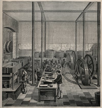 Celluloid: celluloid gyártás. Metszet 1885-ből Adolphe BITARD „Les arts et metiers illustres” című könyvében. alkotó: Unknown artist