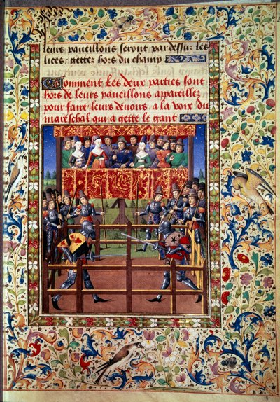 Szertartások és szertartások a csata zálogaként: párbaj zárt mezőben két lovag között Miniatűr Jean de Rolin kéziratából (15. század) 1460 Paris, B.N. alkotó: Unknown artist