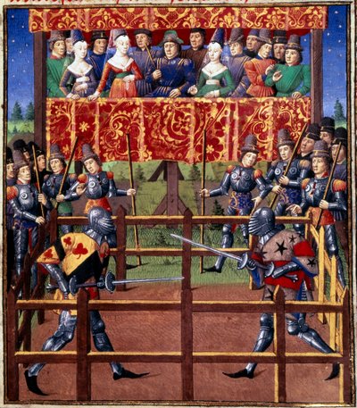 Szertartások és szertartások a csata zálogaként: párbaj zárt mezőben két lovag között Miniatűr Jean de Rolin kéziratából (15. század) 1460 Paris, B.N. alkotó: Unknown artist