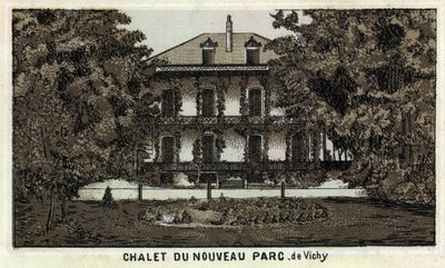 Az új Vichy park faháza (Allier és az Auvergne régió). A 19. század végének kromolitográfiája. alkotó: Unknown artist