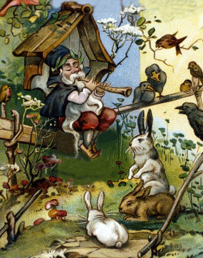 A törpe vagy farfadet fuvolajátékos karaktere. 19. századi kromolitográfia. alkotó: Unknown artist