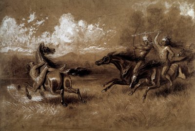 Egy másik törzs ellensége ellen lovagló indiánok vádja Anonymous 19. századi rajz. La Rochelle, Újvilág Múzeum alkotó: Unknown artist