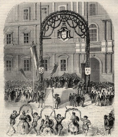 Jótékonysági lakomák Marseille-ben I. Ferenc érkezésének emlékére, ahol találkozott VII. Kelemen pápával: farandole dansee, Saint Ferreol (Saint-Ferreol) I. Ferenc király lelátója előtt. Metszet a „” L