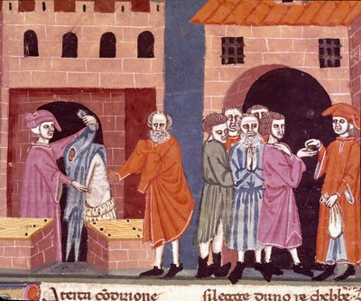 Jótékonyság a középkorban: „” állami segítség””. Jótékonysági és szegények segítésének színtere. A firenzei iskola miniatúrája a „Pater noster” olasz fordításából, Ser Zucchero Bencivenni firenzei közjegyzőtől, 14. eleje alkotó: Unknown artist
