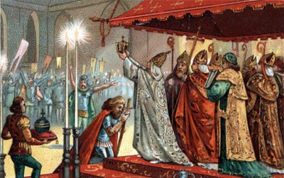 Leó pápa (750-816) koronázta meg Nagy Károlyt (742-814) a római Szent Péter-bazilikában 800. december 25-én - Nagy Károly (742-814) szent (742-814) 800-ban III. Leó pápa által. alkotó: Unknown artist