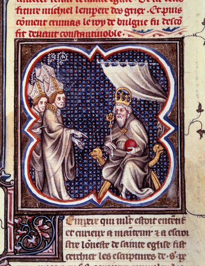 Nagy Károly és a püspökök. Miniatűr a "" Grandes Chronicles de France-ban. V. Károly Grandes Chronicles de France” (102. fólió), 1375-1380 körül. BN, Párizs alkotó: Unknown artist
