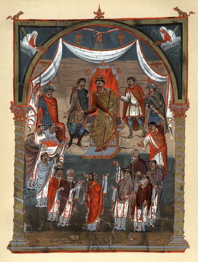 II. Kopasz Károly (823-877), Franciaország királya szerzetesek küldöttségét fogadta Toursból. Fakszimile a 19. századi kromolitográfiában a B.N.-ben őrzött X. századi miniatúra után. de Paris. alkotó: Unknown artist