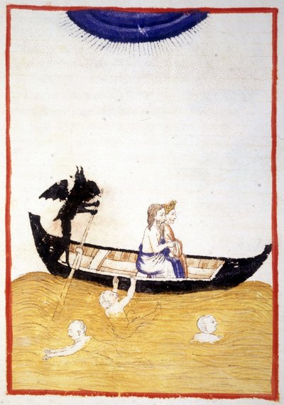 Charon (Caron) átkelteti Dantét és Acheron Vergiliust az alvilág folyóján – Dante Alighieri „Isteni színjátékában”, egy 14. századi kézirat miniatűrjében, a Bibl. Municipal de Rimini. alkotó: Unknown artist