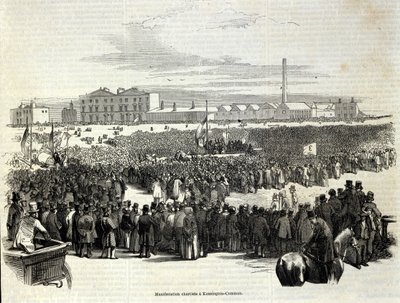 Chartist Demonstration a Kennington Commonban: ez egy munkáspolitikai mozgalom, a szocializmus előfutára, 1848-as metszet alkotó: Unknown artist