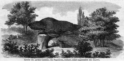 Napóleon gyermekkora 1.: kilátás a kert barlangjára, Casone Korzikán vagy Napóleon (1769-1821) tanulni készült. századi metszet. alkotó: Unknown artist
