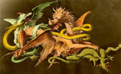 Chimeres Egy sárkány két szörny ellen harcol. Metszet a 19. századból. alkotó: Unknown artist