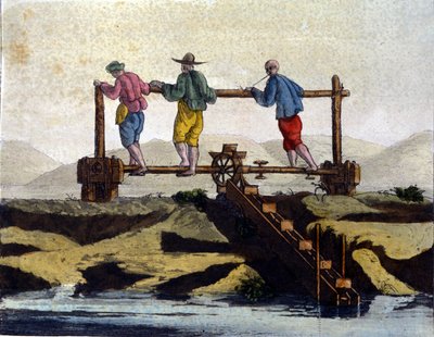 Kína. Vizes öntözőrendszer rizstermesztéshez. 19. századi nyomtatvány. alkotó: Unknown artist