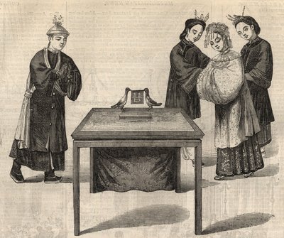 Kínai szokás: házassági szerződés aláírása. Egy tábla a két házastárs nevével egy asztalra kerül két galambbal. Metszet az 1857. február 14-i „” The Illustrated London News”-ba. alkotó: Unknown artist
