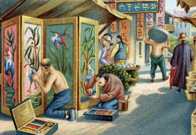 Utcán dolgozó kínai plumassierek: tűvel és tollal paneleket vagy paravánokat készítenek. századi kromolitográfiája alkotó: Unknown artist