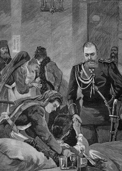 Kolera Oroszországban 1892-ben: III. Sándor, Oroszország császára és felesége, Maria Fedorovna, Oroszország császára kórházba látogat. Metszet 1892-ből. alkotó: Unknown artist