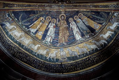 Krisztus Szent Pál, Szent Cecília, Szent Pascal, Szent Péter, Szent Valeriano és Szent Agáta között (mozaik, 821) alkotó: Unknown artist
