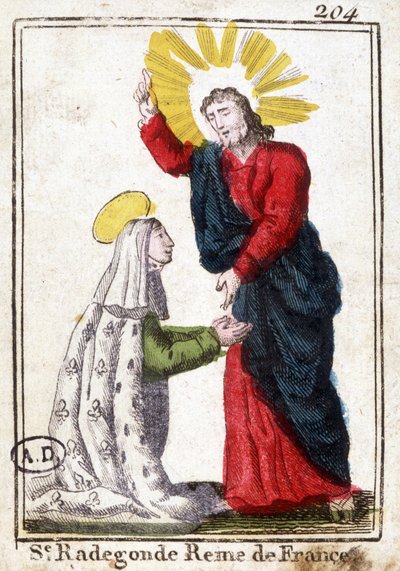 Krisztus és Szent Radegonde (kb. 520 - 587), Franciaország királynője, Clotaire (Clothaire) felesége I. Jámbor kép. század elejéről származó metszet. Bibliotheque des Arts décoratifs de Paris. alkotó: Unknown artist