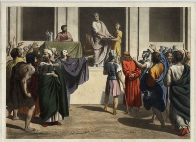 Krisztus Poncius Pilatius előtt: Pilátus látva, hogy a nép Jézus halálát akarja, és félt a zavargástól, vizet vett, kezet mosott a tömeg előtt, mondván: „Nem vagyok felelős ezért a vérért; csak rajtad múlik, hogy meglátod”. Névtelen metszet a mi alkotó: Unknown artist
