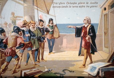 Kolumbusz Kristóf megállította a legénységi lázadást azzal, hogy három napon belül bejelentette a földet. kromolitográfia XIX. alkotó: Unknown artist