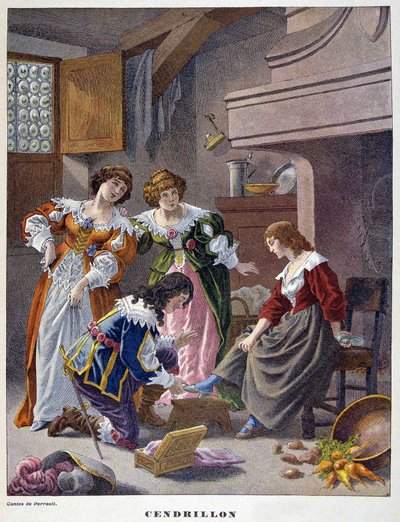 Hamupipőke kipróbálja a vair papucsát – a „Les Tales de Perrault”-ban” alkotó: Unknown artist