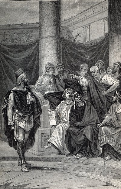 Cineas, Pyrrhus király fontos tanácsadója, aki megpróbált tárgyalni a rómaiakkal a hérakleai csata után, ie 280, metszet 1884 alkotó: Unknown artist