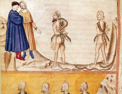 Tolvajok köre: Vanni Fucci (13. század) megjósolta Danténak és Vergiliusnak a fehér guelfek vereségét. A pokol 24. dalát illusztráló világító oldal Dante Alighieri (1265-1321) „Divina Commedia” című művéből merít. 14. század, Velence, Bibliotec alkotó: Unknown artist