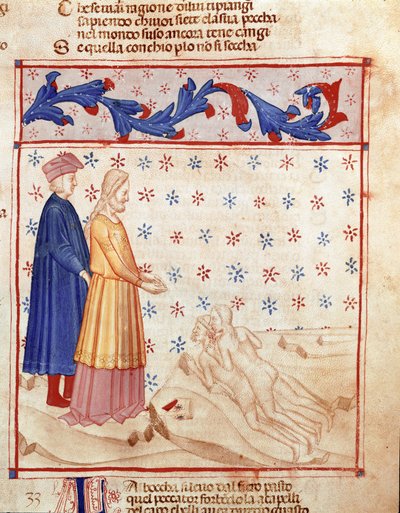 Árulók köre: Dante és Vergilius találkozik Ugolino della gherardescával, Pisa zsarnokával, aki hazaárulásért elítéli, megveri az Archeveque Ruggeri fejét. A pokol 33. dalát illusztráló világító oldal a „Divina Commedia”-ból merít alkotó: Unknown artist