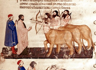 Erőszakok köre: Dante és Vergilius találkozik a kentaurokkal, íjakkal és nyílvesszőkkel. Megvilágított oldal, amely a Pokol 7. dalát illusztrálja Dante Alighieri (1265-1321) „Divina Commedia” című művéből. 14. század, Velence, Biblioteca Marciana alkotó: Unknown artist