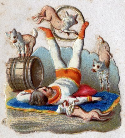 Cirkusz: a fogásokat tartó állatok szelídítőjének kutyája van, köztük egy karikában elhaladó. Kromolitográfia 1890 körül. alkotó: Unknown artist