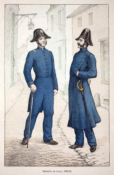 Városi őrmesterek (1829-1830). Színes rézkarc, illusztrációként „” A békefenntartók hadtestének története”” című könyv Louis Lepine (1846-1933) Szajna-menti rendészeti prefektus gondozásában jelent meg Alfred Rey (1864-?) és Louis Feron (1862) gondozásában alkotó: Unknown artist