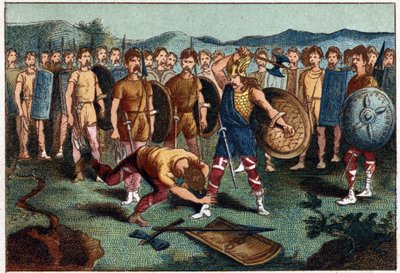 Clovis (465-511) és a frank harcos, aki 486-ban összetörte Soissons vázát - Clovis 1. lelőtte a katonát, aki összetörte Soissons vázát, 486-ban. A XIX. század kromolitográfiája. alkotó: Unknown artist
