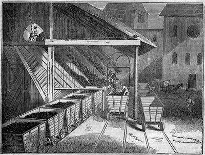 Szénbánya: a bányából kitermelt szenet szekerekre rakják az öntödék, vonatok és hajók felé. „A festői boltban” 1835 alkotó: Unknown artist