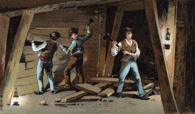 Szénbánya Franciaországban a 19. század végén: Fagaléria. A 19. század végének kromolitográfiája alkotó: Unknown artist