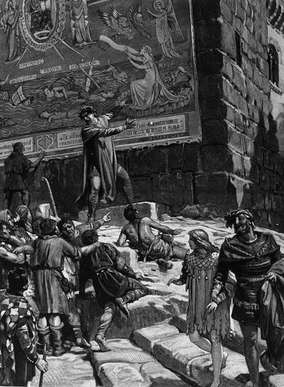 Cola di Rienzo (1314-1354), a római nép tribunusává válás kampányában elmagyarázza Róma népének azokat a freskókat, amelyeket a Kapitóliumban szerelt fel, amelyek Róma agóniáját szimbolizálják a Trója által körülvett dechaine-tengerben, Jeruzsálemben. Kart alkotó: Unknown artist