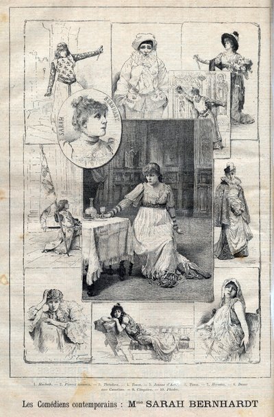 Sarah Bernhardt komikus (1844-1923) a Macbethben – Pierrot bérgyilkos – Theodora – Tosca – Joan of Arc – Tosca – Hernam – Kaméliák hölgye – Kleopátra – Phedron – metszet az 1895-ös „Az illusztris haladás” c. alkotó: Unknown artist