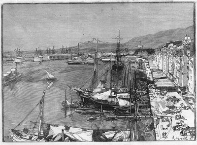 Kereskedelmi hajó és arzenál Toulon (Var) kikötőjében, Franciaországban. Metszet a „” Le Monde Illustré”-ben alkotó: Unknown artist