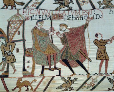 Anglia meghódítása Normandia hercege, Hódító Vilmos (1027-1087) által 1066-ban: egy kilátó II. Harold tényeiről tudósít Vilmosnak a hastingsi csatában. Részlet a Bayeux-i kárpitról vagy Mathilde királynő hímzéséről alkotó: Unknown artist