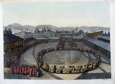 Konstantinápoly: Felicity kapuja. Ezen az ajtón lehet bejutni a palota belsejébe, ahol a szultán családjával és háremének hölgyeivel él. „” A régi és modern jelmezben alkotó: Unknown artist