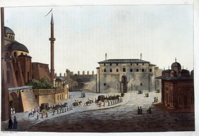 Konstantinápoly: Serail ajtaja. Nagy Soliman volt az első, aki az egész udvarát és a háremet oda vitte, kivéve azokat, akik az elődeivel együtt éltek. In „” Le costume ancien et moderne alkotó: Unknown artist