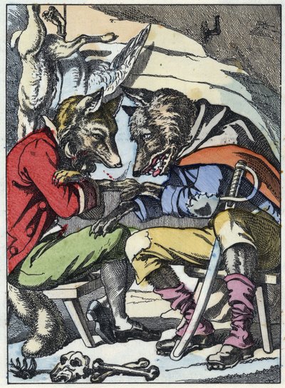 Beszélgetés a farkas és a róka között. A „Compere le Loup, Maitre Renard, Comere la Chevre et ses petits biquets” című mese illusztrációja Jean de la Fontaine meséje után. A „” Mesék otthonról a kicsiknek” c. Névtelen metszet a alkotó: Unknown artist