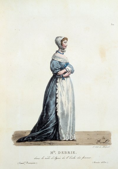 Miss Debrie jelmeze Agnes of Moliere „Nők iskolája” szerepében 1680-ban. Hippolyte Lecomte (1781-1857) francia vígjátékának jelmeze. századi metszet. Coll. Gyerünk. alkotó: Unknown artist