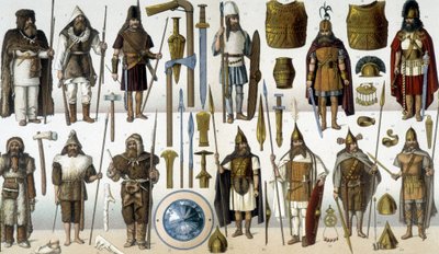 Barbár harcosok jelmezei, páncéljai és fegyverei alkotó: Unknown artist