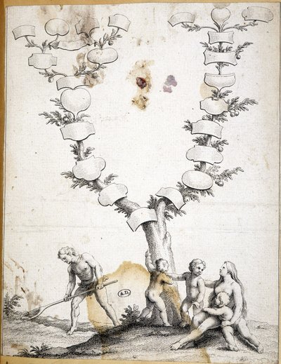 Pár gyerekekkel egy szűz családfa tövében - metszet alkotó: Unknown artist