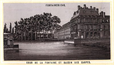 A Fontainebleau-i szökőkút és Bassin des ponty udvara (Seine és Marne, Ile-de-France régió, Franciaország). A 19. század végének kromolitográfiája. alkotó: Unknown artist