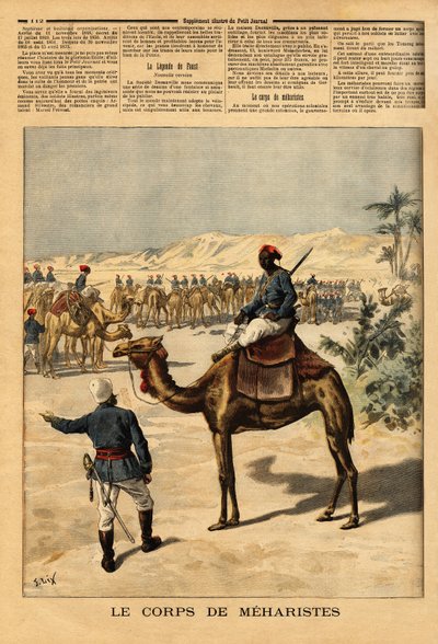 Speciális meharisták hadtest létrehozása Szudán francia meghódítására, a tuaregek elleni harc érdekében. Meharis egy hetet tud evés nélkül maradni, vágtató ló sebességével ügeti, naponta több mint 100 kilométert utazik, és alkotó: Unknown artist